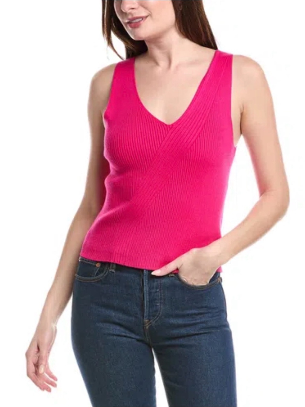 525 America Hot Pink Ribbed V-Neck Sleeveless Knit Tank